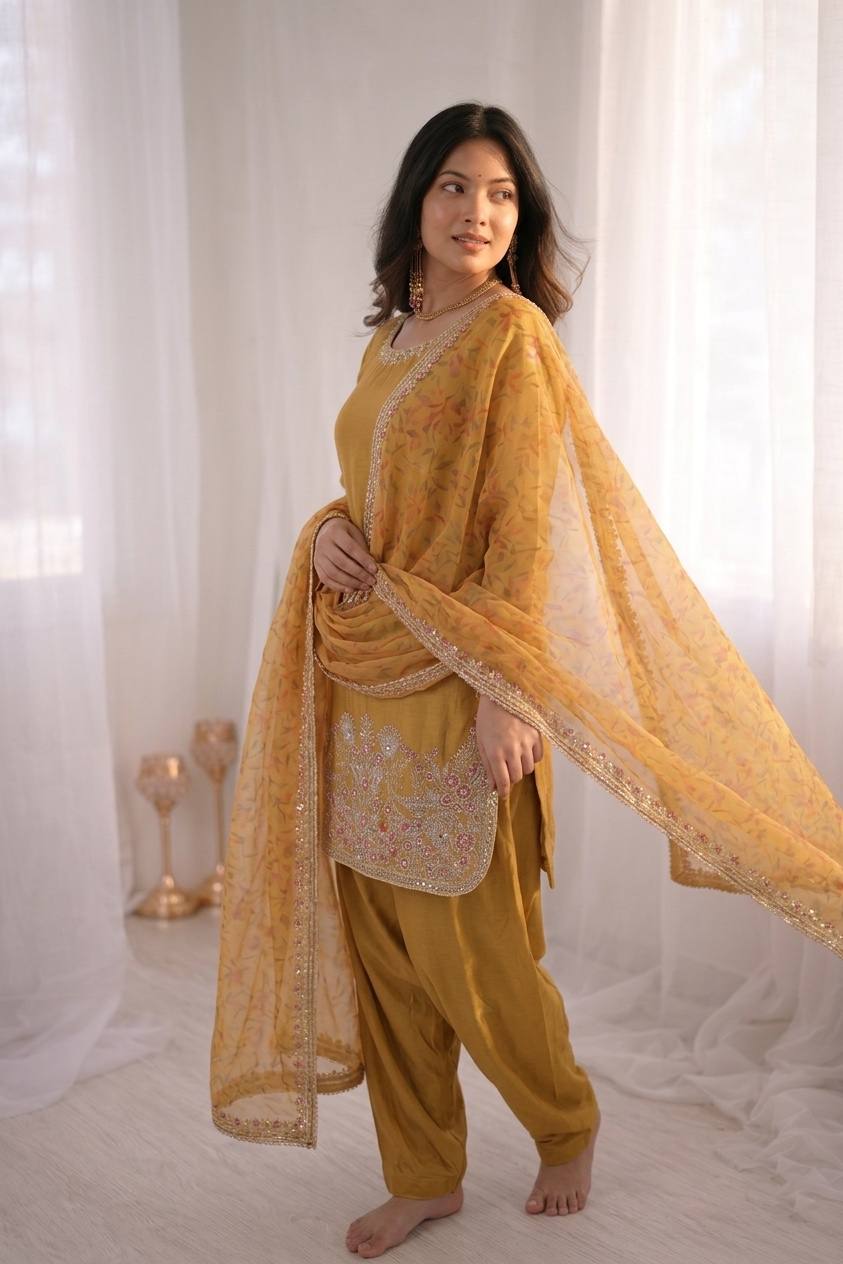 Premium Embroidered Farshi Suit with Statement Lace Border Dupatta