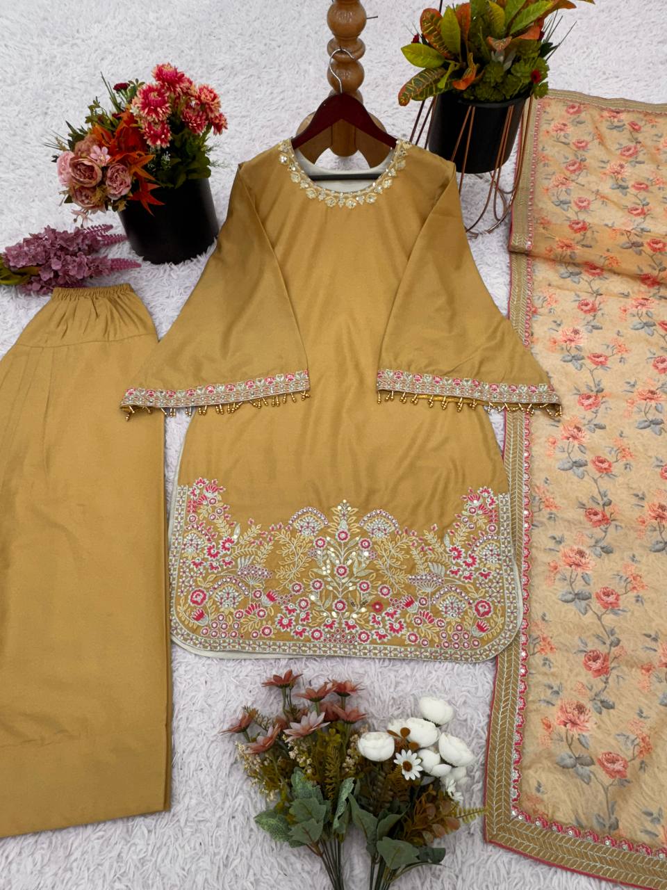 Premium Embroidered Farshi Suit with Statement Lace Border Dupatta