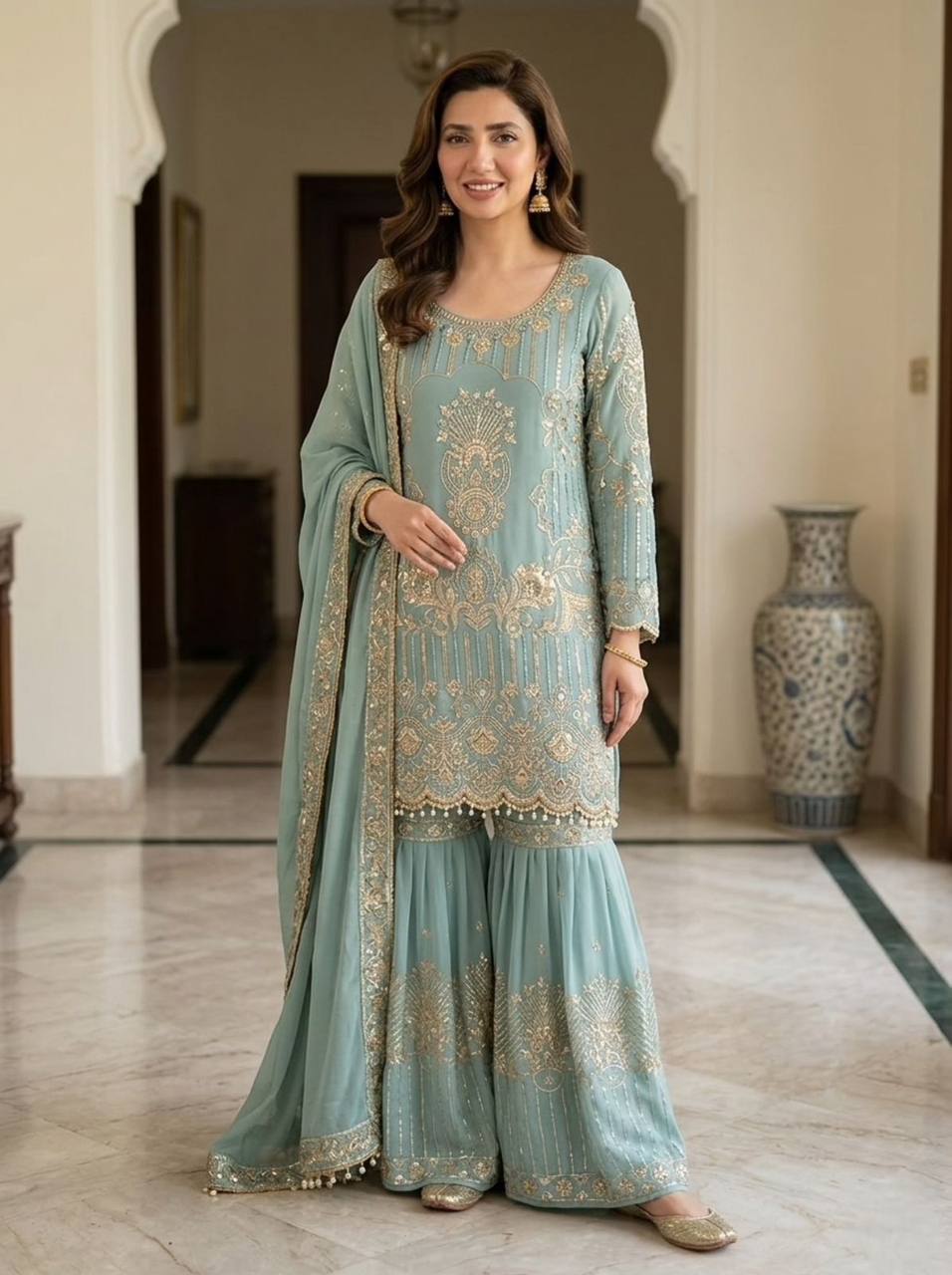 Premium Georgette Sharara Suit with Embroidered Lace Border Dupatta