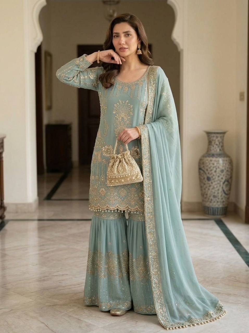 Premium Georgette Sharara Suit with Embroidered Lace Border Dupatta