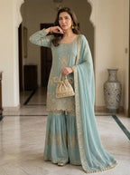 Premium Georgette Sharara Suit with Embroidered Lace Border Dupatta