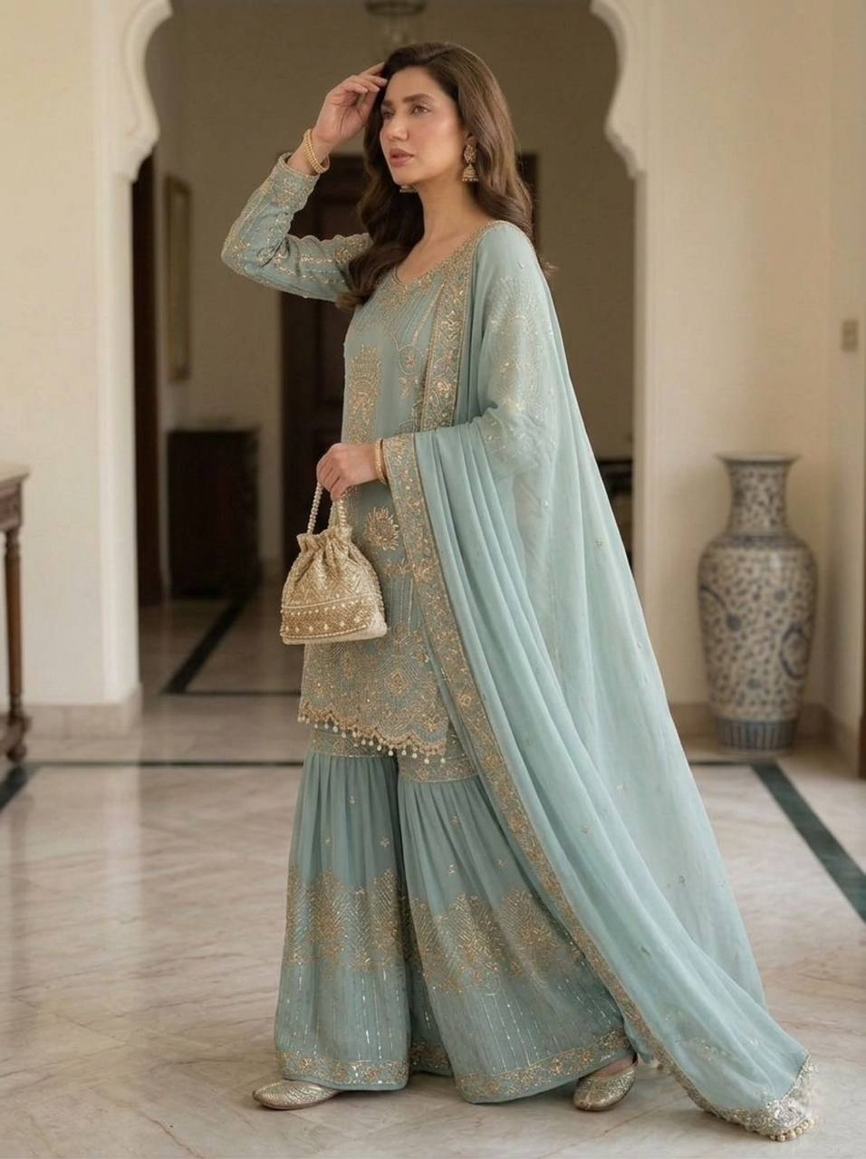 Premium Georgette Sharara Suit with Embroidered Lace Border Dupatta