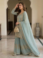 Premium Georgette Sharara Suit with Embroidered Lace Border Dupatta