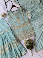 Premium Georgette Sharara Suit with Embroidered Lace Border Dupatta