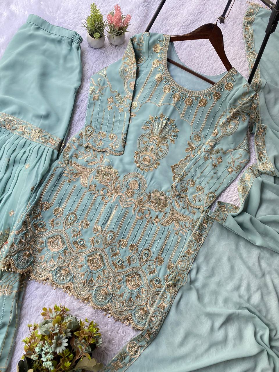 Premium Georgette Sharara Suit with Embroidered Lace Border Dupatta