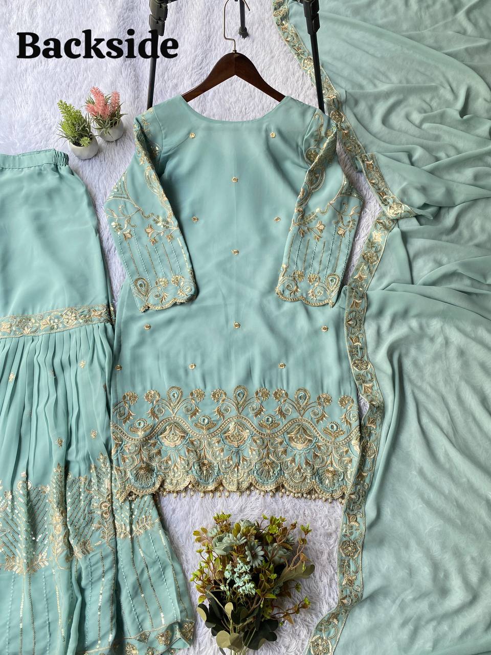 Premium Georgette Sharara Suit with Embroidered Lace Border Dupatta