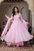 Modern Ethnic Faux Georgette Anarkali Plazzo Set with Hand Work, Padded 48-Inch Anarkali & Designer LCD Diamond Dupatta, Festive Wear