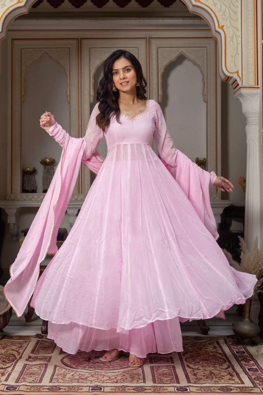 Modern Ethnic Faux Georgette Anarkali Plazzo Set with Hand Work, Padded 48-Inch Anarkali & Designer LCD Diamond Dupatta, Festive Wear