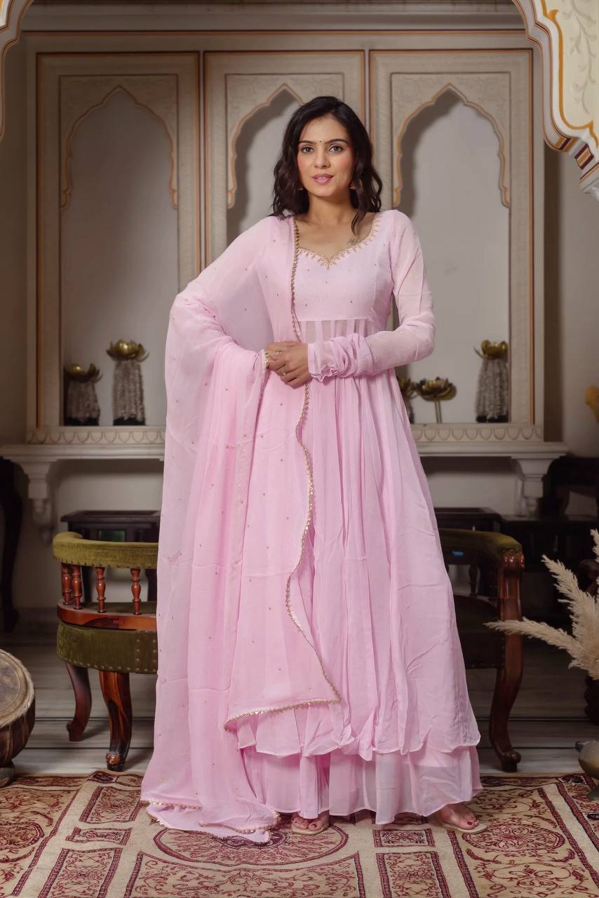 Modern Ethnic Faux Georgette Anarkali Plazzo Set with Hand Work, Padded 48-Inch Anarkali & Designer LCD Diamond Dupatta, Festive Wear