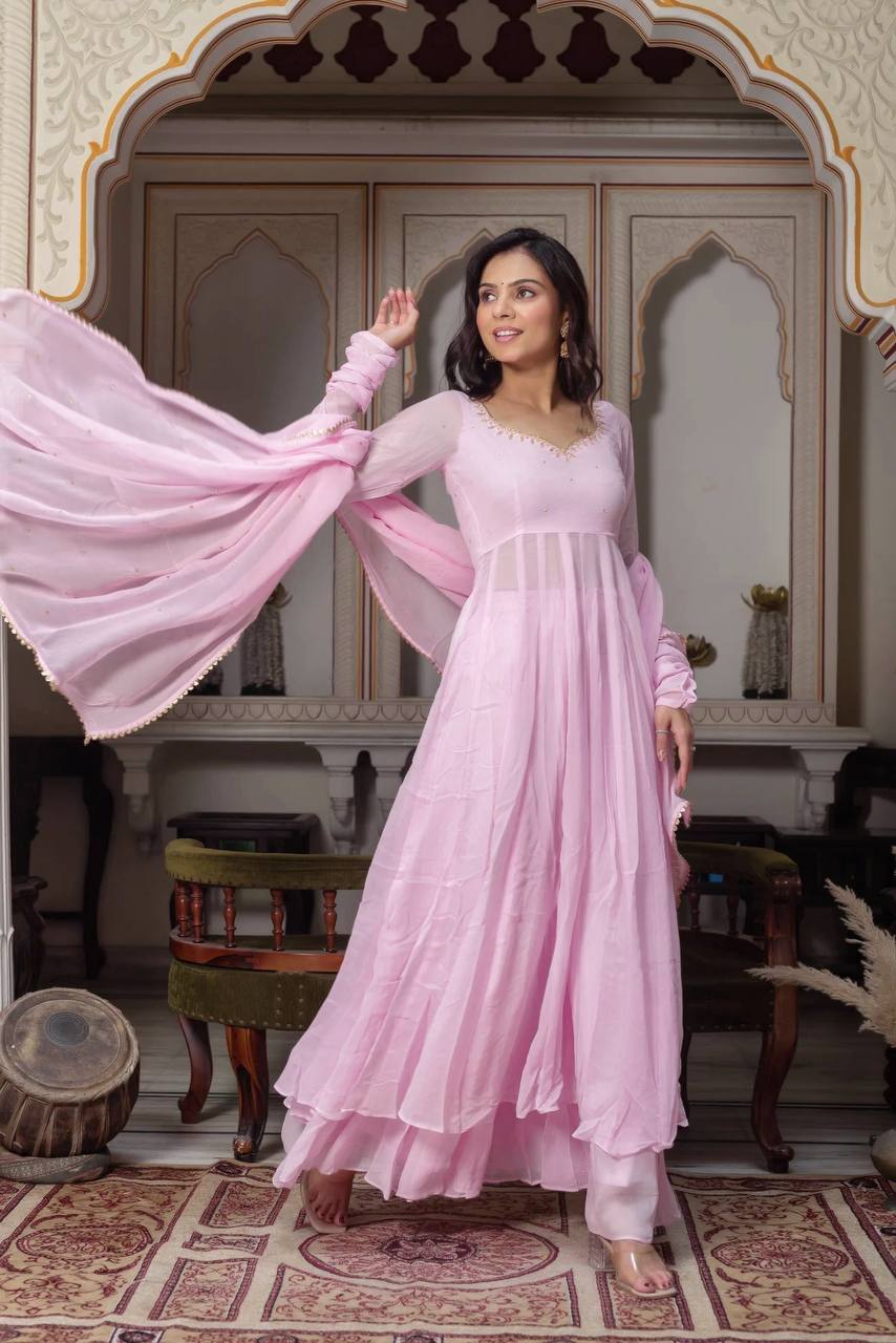 Modern Ethnic Faux Georgette Anarkali Plazzo Set with Hand Work, Padded 48-Inch Anarkali & Designer LCD Diamond Dupatta, Festive Wear