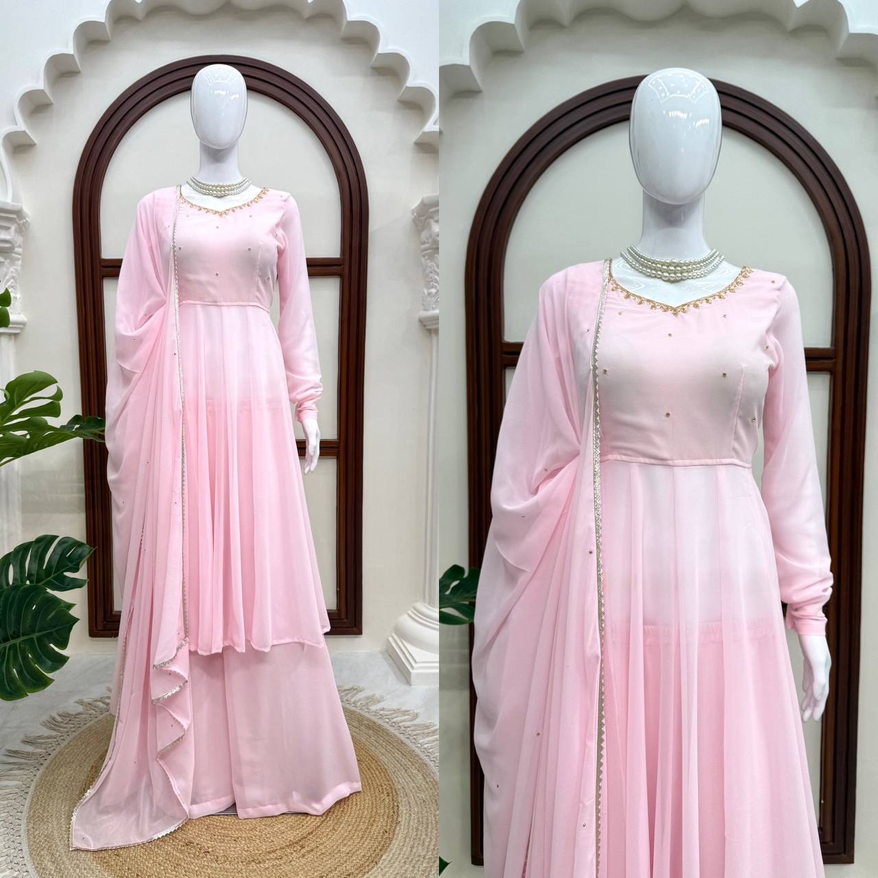 Modern Ethnic Faux Georgette Anarkali Plazzo Set with Hand Work, Padded 48-Inch Anarkali & Designer LCD Diamond Dupatta, Festive Wear