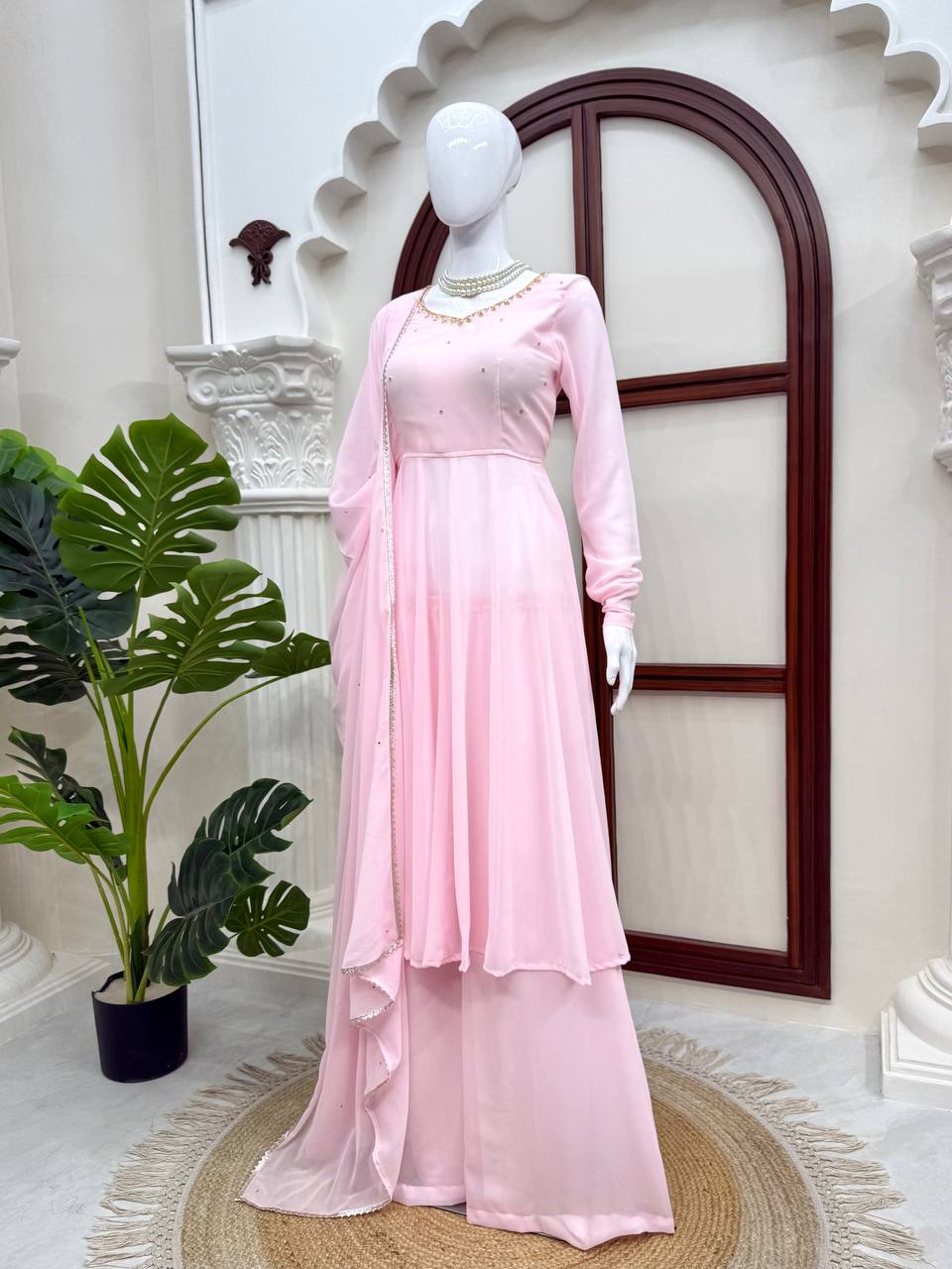 Modern Ethnic Faux Georgette Anarkali Plazzo Set with Hand Work, Padded 48-Inch Anarkali & Designer LCD Diamond Dupatta, Festive Wear