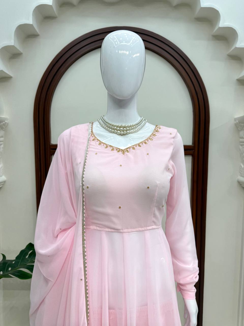 Modern Ethnic Faux Georgette Anarkali Plazzo Set with Hand Work, Padded 48-Inch Anarkali & Designer LCD Diamond Dupatta, Festive Wear