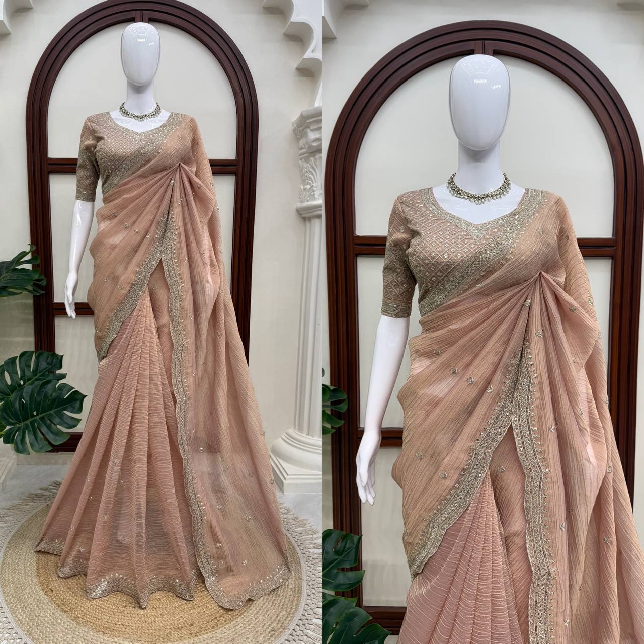 Arrival Designer Tissue Salsa Crush Saree with Thread & Sequin Embroidery, 5.5 Meter Saree with Front & Back Work Blouse