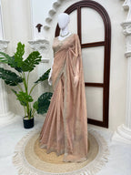 Arrival Designer Tissue Salsa Crush Saree with Thread & Sequin Embroidery, 5.5 Meter Saree with Front & Back Work Blouse