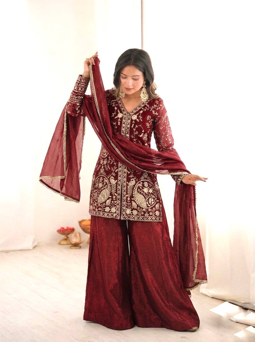 Pure Fendy Silk Palazzo Set with Heavy Embroidery Sequence Work