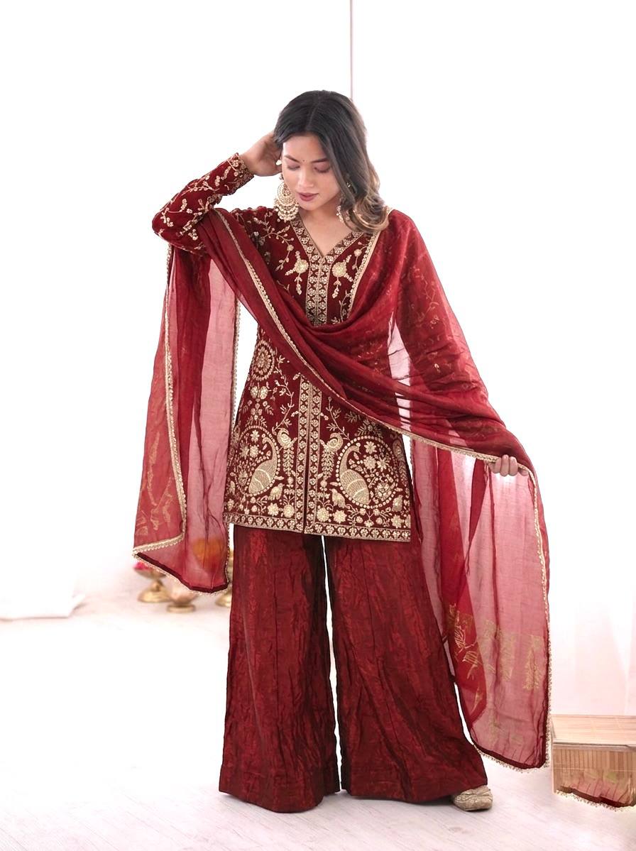 Pure Fendy Silk Palazzo Set with Heavy Embroidery Sequence Work