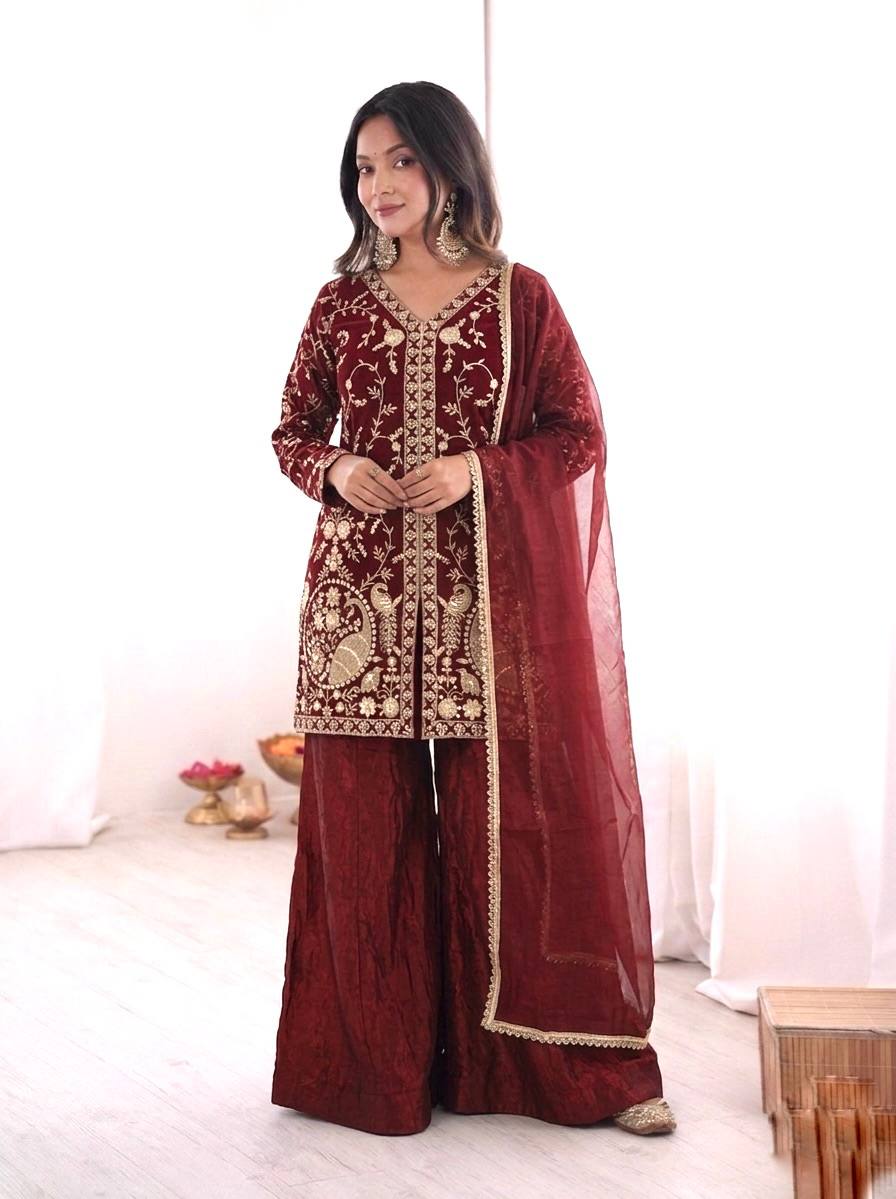 Pure Fendy Silk Palazzo Set with Heavy Embroidery Sequence Work