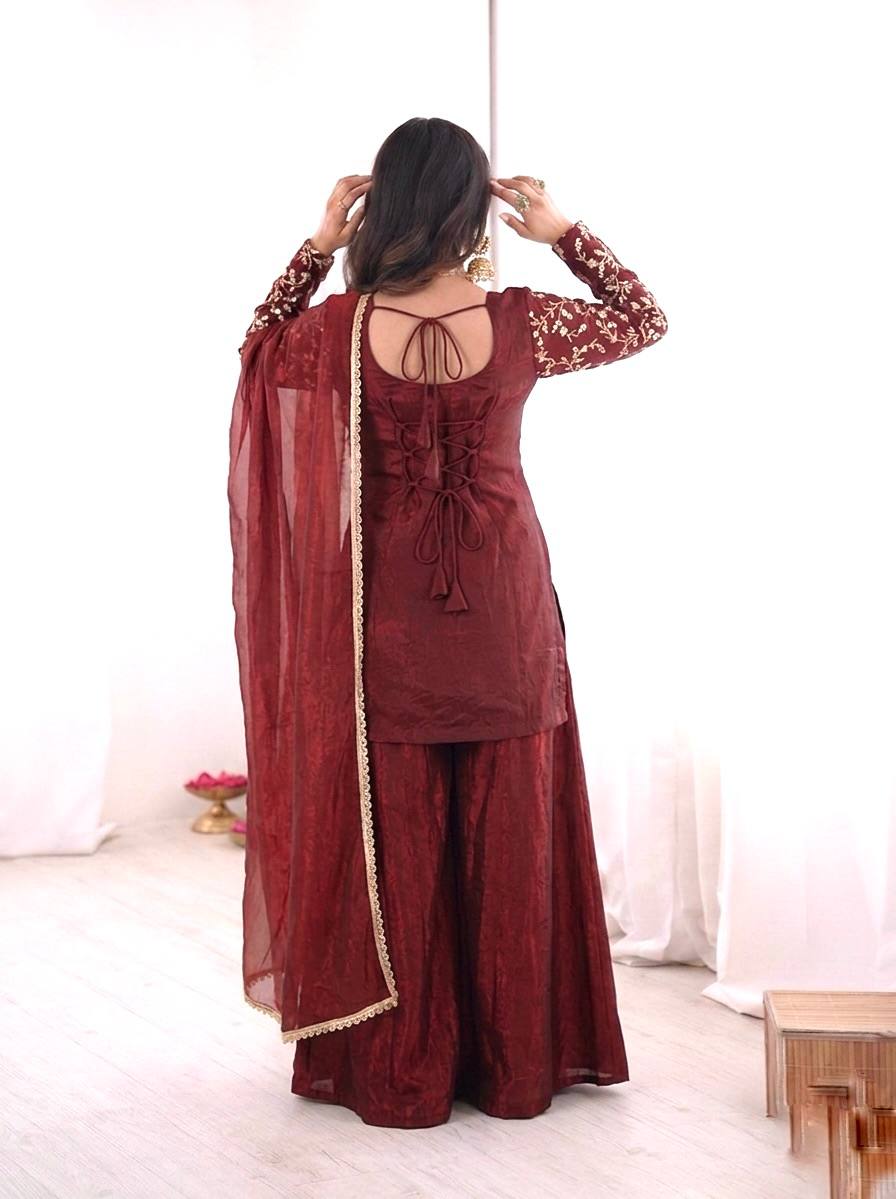 Pure Fendy Silk Palazzo Set with Heavy Embroidery Sequence Work