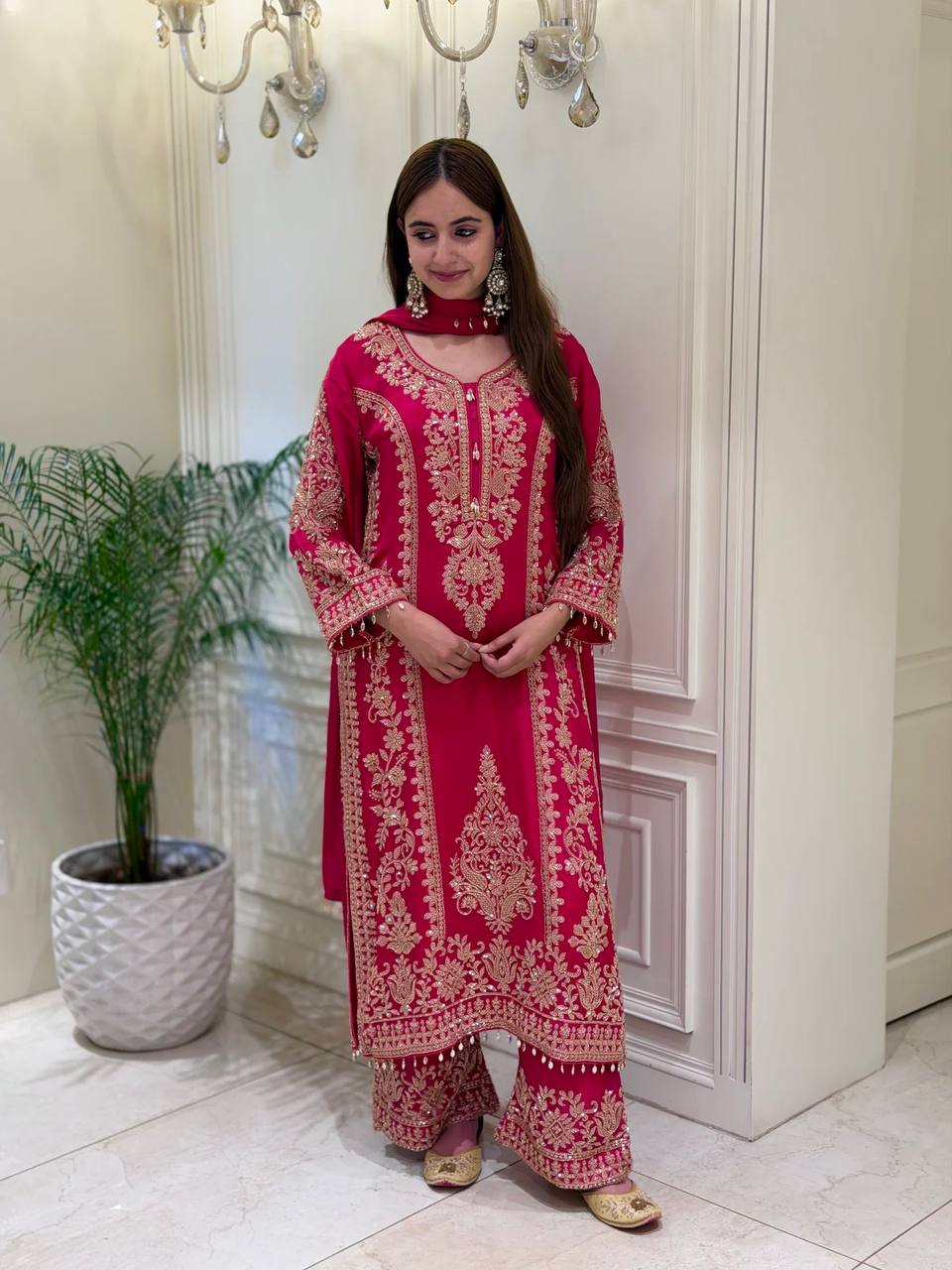 Premium Heavy Faux Georgette Embroidered Plazzo Suit for Women with Intricate Sequin Work, Full Sleeve Top, Lace Border Bottom & Designer Dupatta