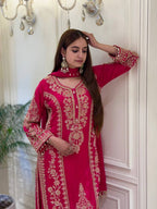 Premium Heavy Faux Georgette Embroidered Plazzo Suit for Women with Intricate Sequin Work, Full Sleeve Top, Lace Border Bottom & Designer Dupatta