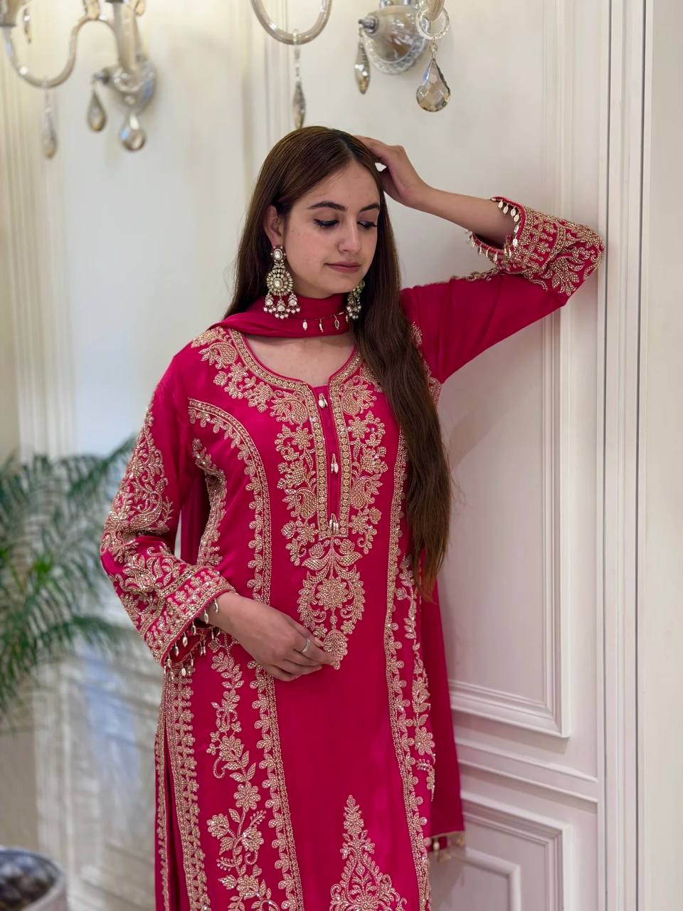 Premium Heavy Faux Georgette Embroidered Plazzo Suit for Women with Intricate Sequin Work, Full Sleeve Top, Lace Border Bottom & Designer Dupatta