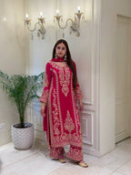 Premium Heavy Faux Georgette Embroidered Plazzo Suit for Women with Intricate Sequin Work, Full Sleeve Top, Lace Border Bottom & Designer Dupatta