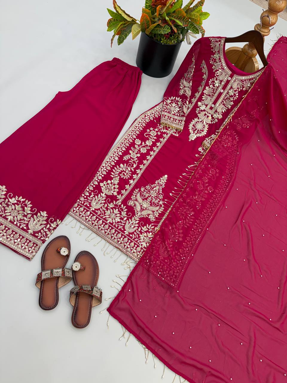 Premium Heavy Faux Georgette Embroidered Plazzo Suit for Women with Intricate Sequin Work, Full Sleeve Top, Lace Border Bottom & Designer Dupatta