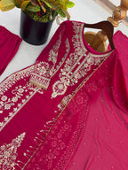 Premium Heavy Faux Georgette Embroidered Plazzo Suit for Women with Intricate Sequin Work, Full Sleeve Top, Lace Border Bottom & Designer Dupatta