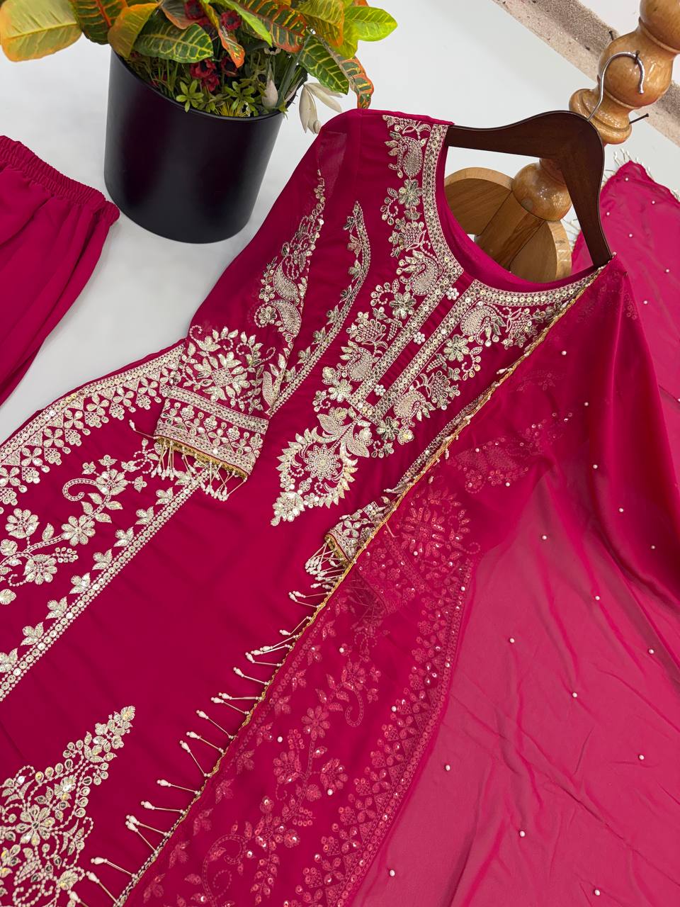 Premium Heavy Faux Georgette Embroidered Plazzo Suit for Women with Intricate Sequin Work, Full Sleeve Top, Lace Border Bottom & Designer Dupatta