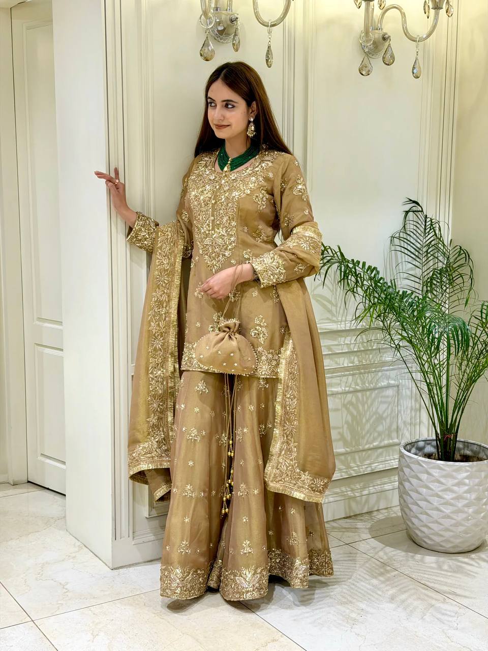 Aarvika NC Moss Silk 3mm Sequins Embroidered Palazzo Suit with Dupatta