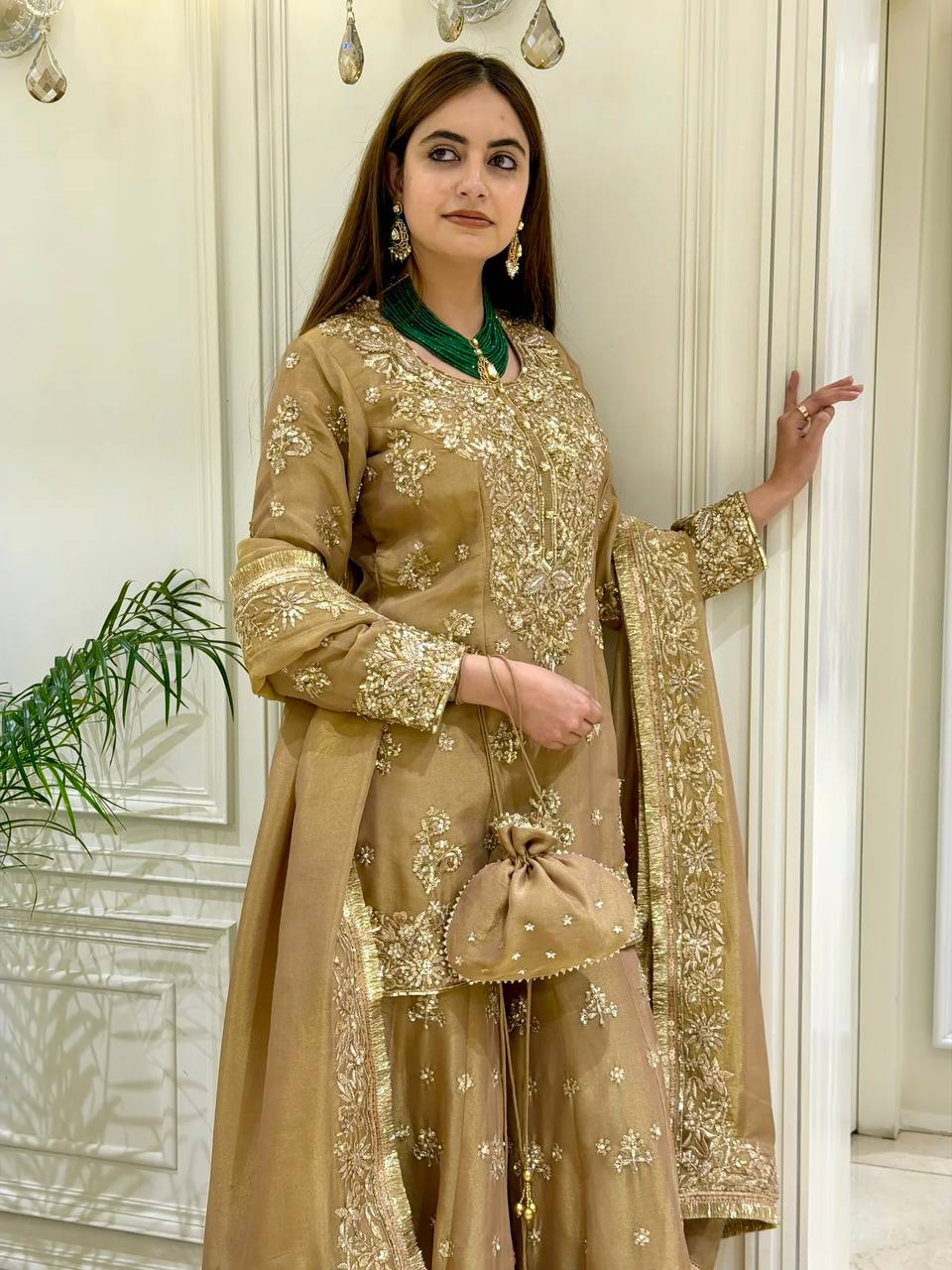 Aarvika NC Moss Silk 3mm Sequins Embroidered Palazzo Suit with Dupatta