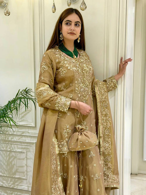 Aarvika NC Moss Silk 3mm Sequins Embroidered Palazzo Suit with Dupatta