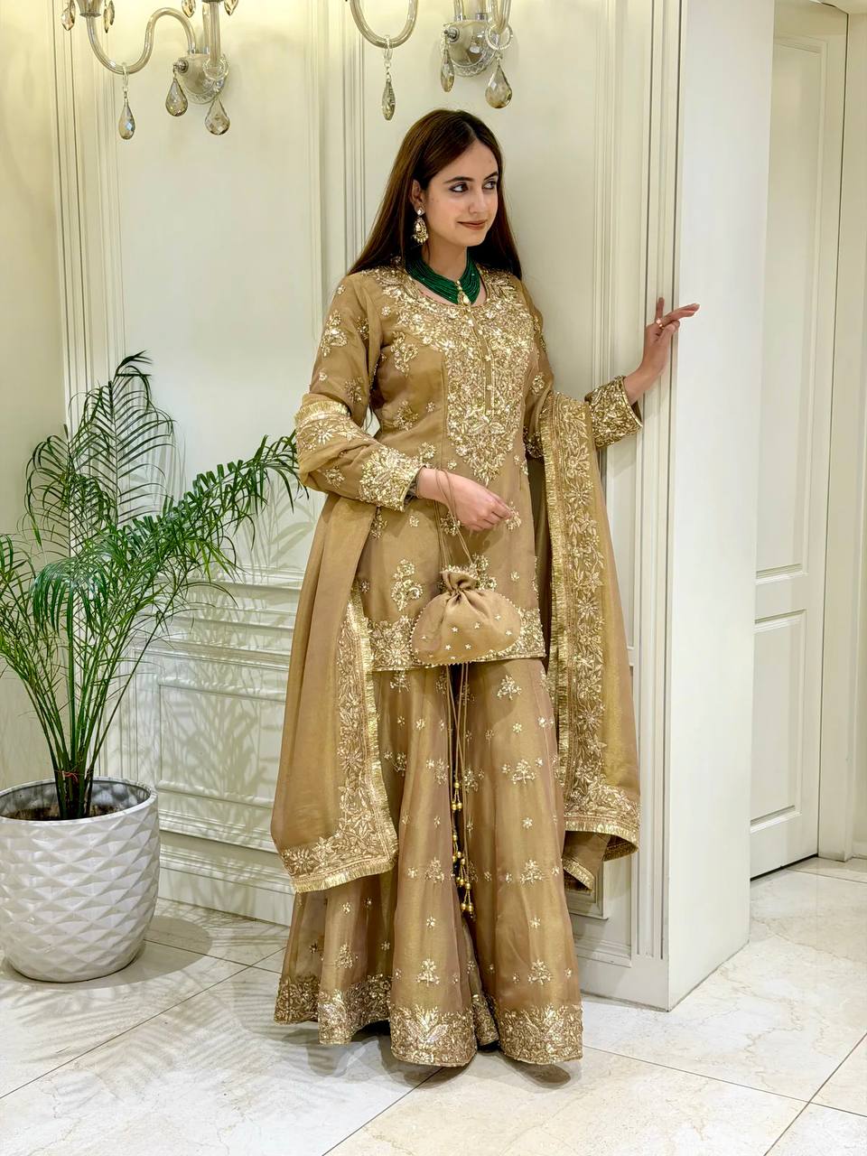 Aarvika NC Moss Silk 3mm Sequins Embroidered Palazzo Suit with Dupatta