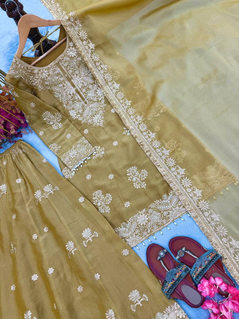 Aarvika NC Moss Silk 3mm Sequins Embroidered Palazzo Suit with Dupatta