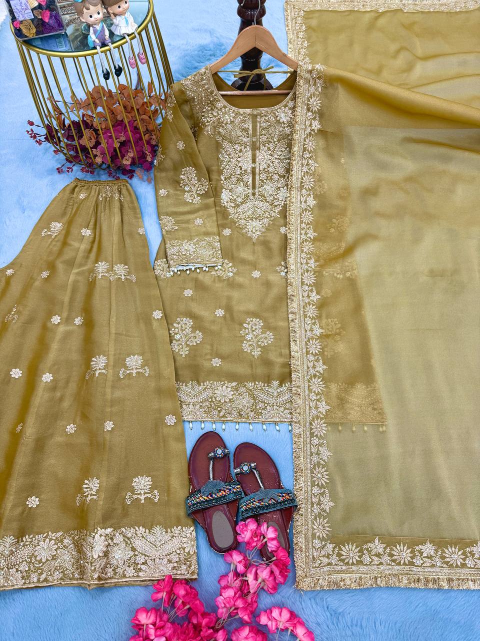 Aarvika NC Moss Silk 3mm Sequins Embroidered Palazzo Suit with Dupatta