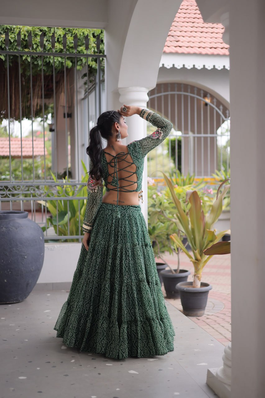 Navya Raas Georgette Bandhani Lehenga Choli Set with Kutchi Patchwork Blouse