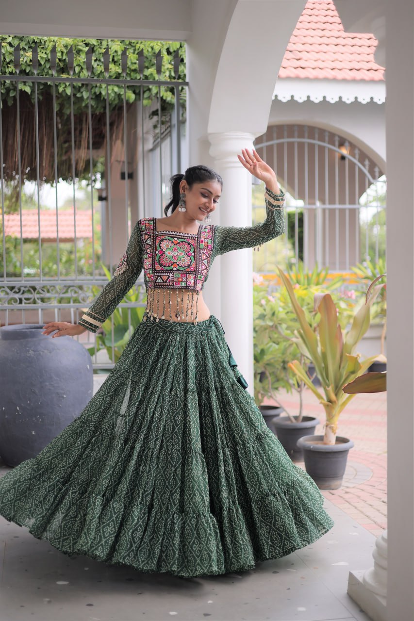 Navya Raas Georgette Bandhani Lehenga Choli Set with Kutchi Patchwork Blouse
