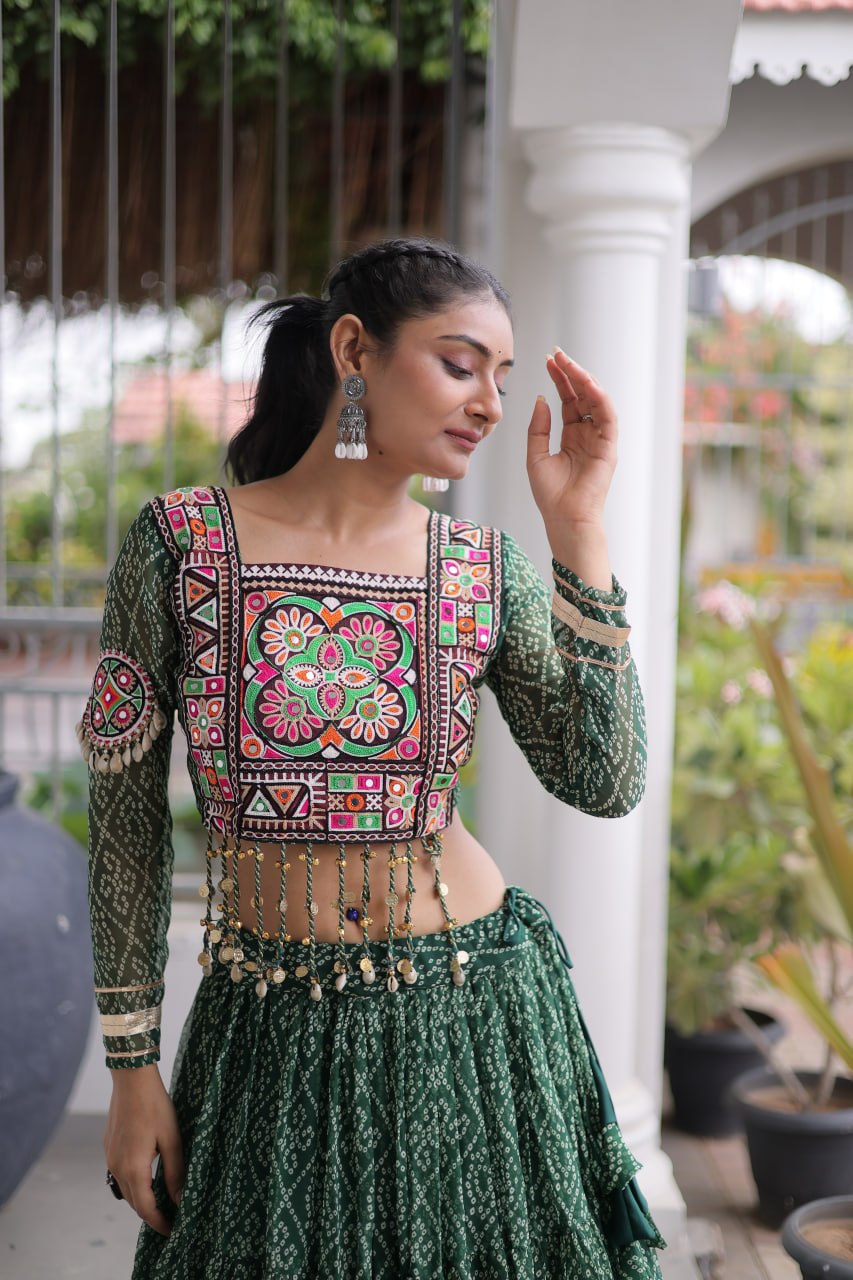 Navya Raas Georgette Bandhani Lehenga Choli Set with Kutchi Patchwork Blouse