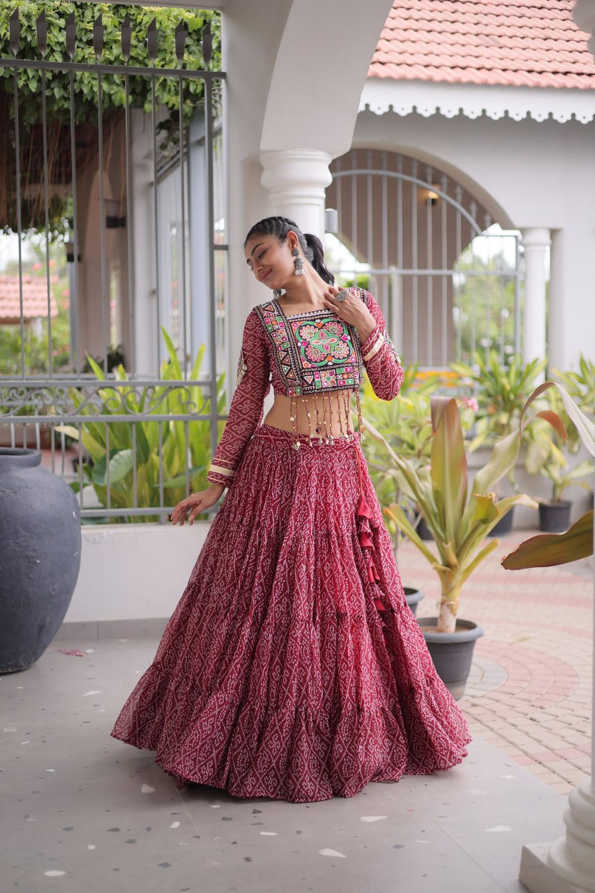 Navya Raas Georgette Bandhani Lehenga Choli Set with Kutchi Patchwork Blouse