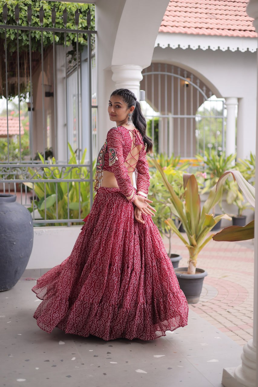 Navya Raas Georgette Bandhani Lehenga Choli Set with Kutchi Patchwork Blouse
