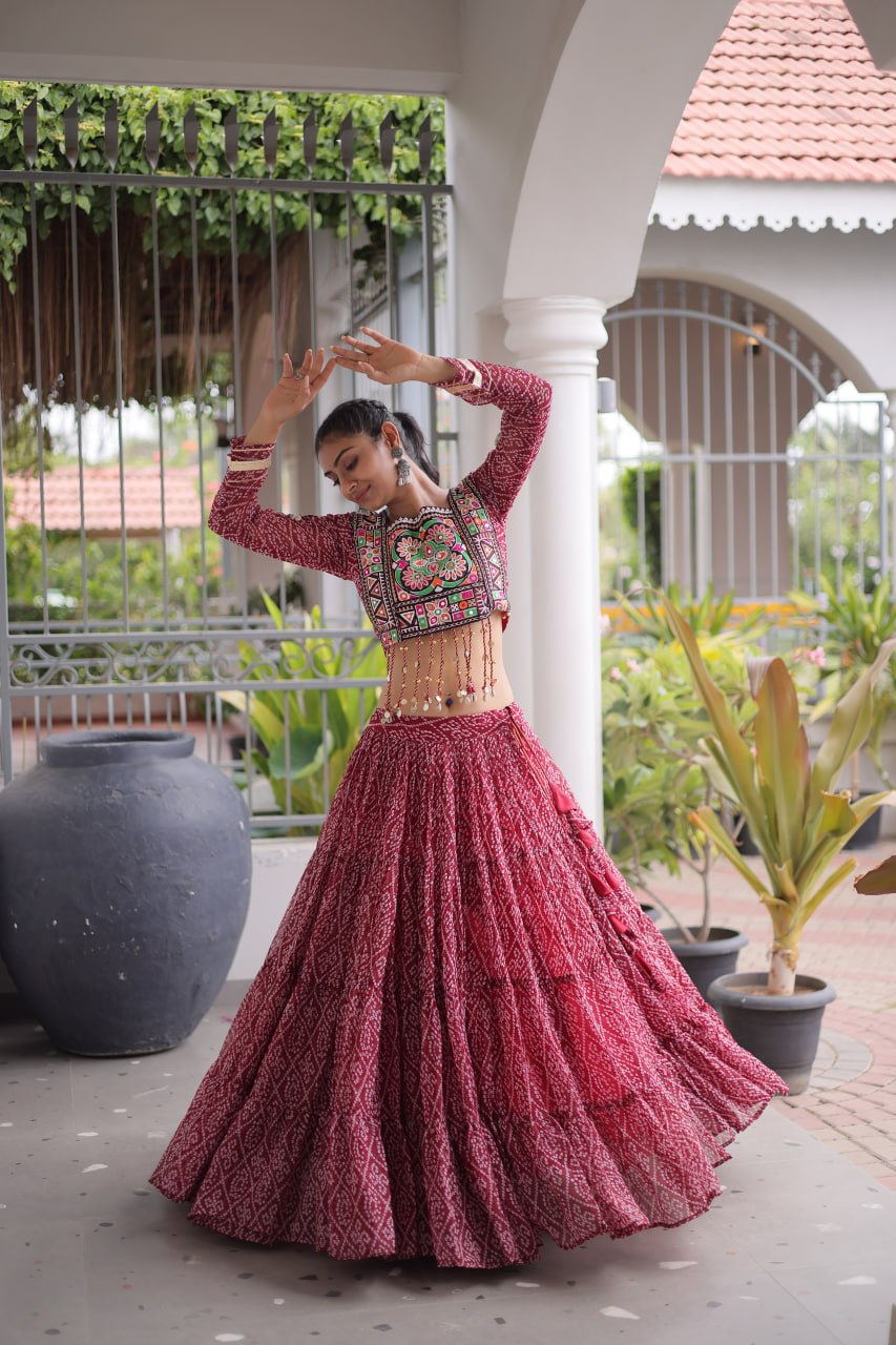 Navya Raas Georgette Bandhani Lehenga Choli Set with Kutchi Patchwork Blouse