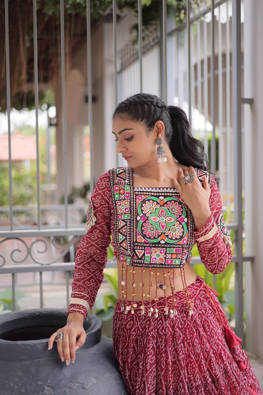 Navya Raas Georgette Bandhani Lehenga Choli Set with Kutchi Patchwork Blouse