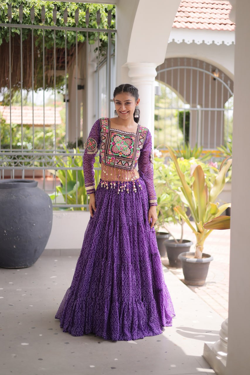 Navya Raas Georgette Bandhani Lehenga Choli Set with Kutchi Patchwork Blouse