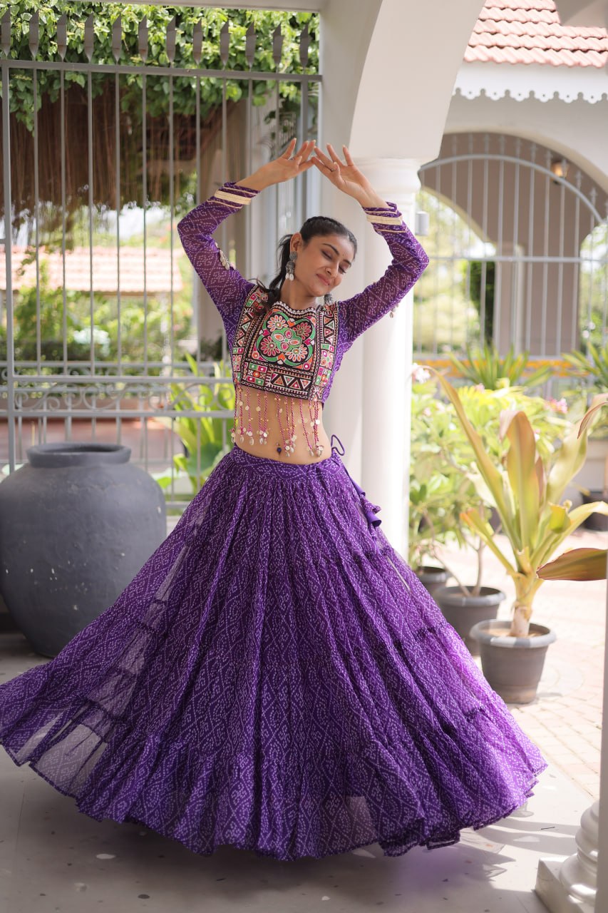 Navya Raas Georgette Bandhani Lehenga Choli Set with Kutchi Patchwork Blouse