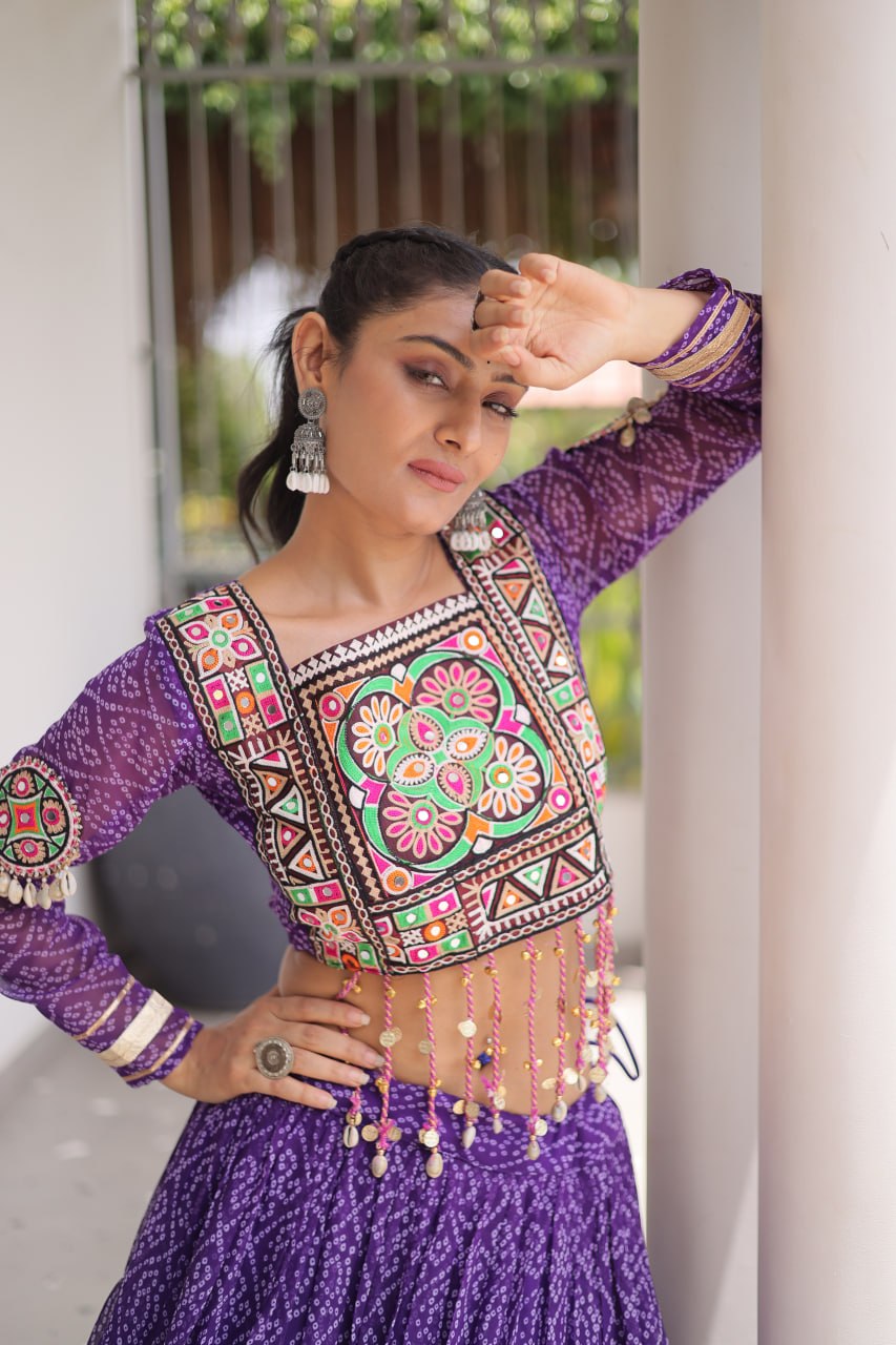 Navya Raas Georgette Bandhani Lehenga Choli Set with Kutchi Patchwork Blouse
