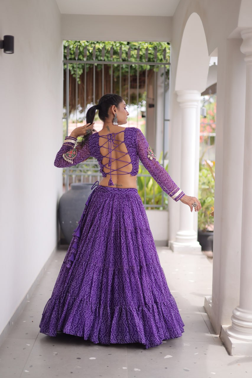 Navya Raas Georgette Bandhani Lehenga Choli Set with Kutchi Patchwork Blouse