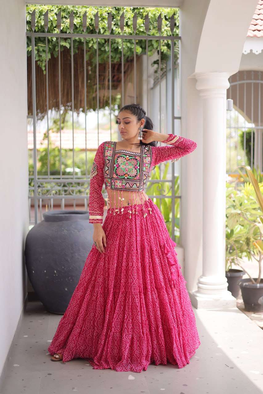 Navya Raas Georgette Bandhani Lehenga Choli Set with Kutchi Patchwork Blouse