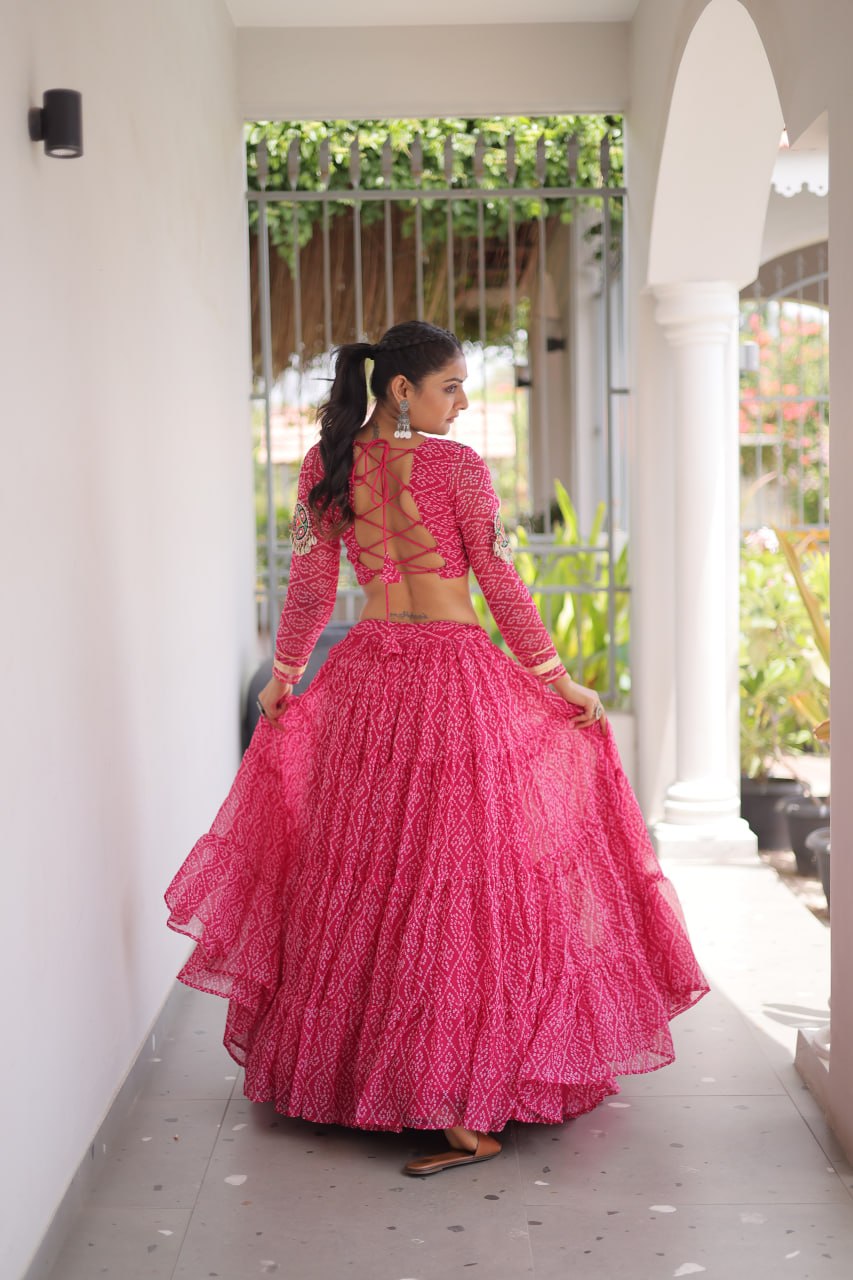 Navya Raas Georgette Bandhani Lehenga Choli Set with Kutchi Patchwork Blouse
