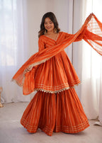 Aarohi Mal Chanderi Mirror Handwork Kurti with Sharara Palazzo & Dupatta Set